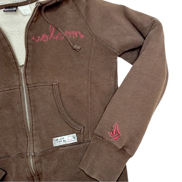 Vintage 2000s Volcom Chocolate Brown Fleece Hooded Zip Up Sweater - Picture 2 of 7
